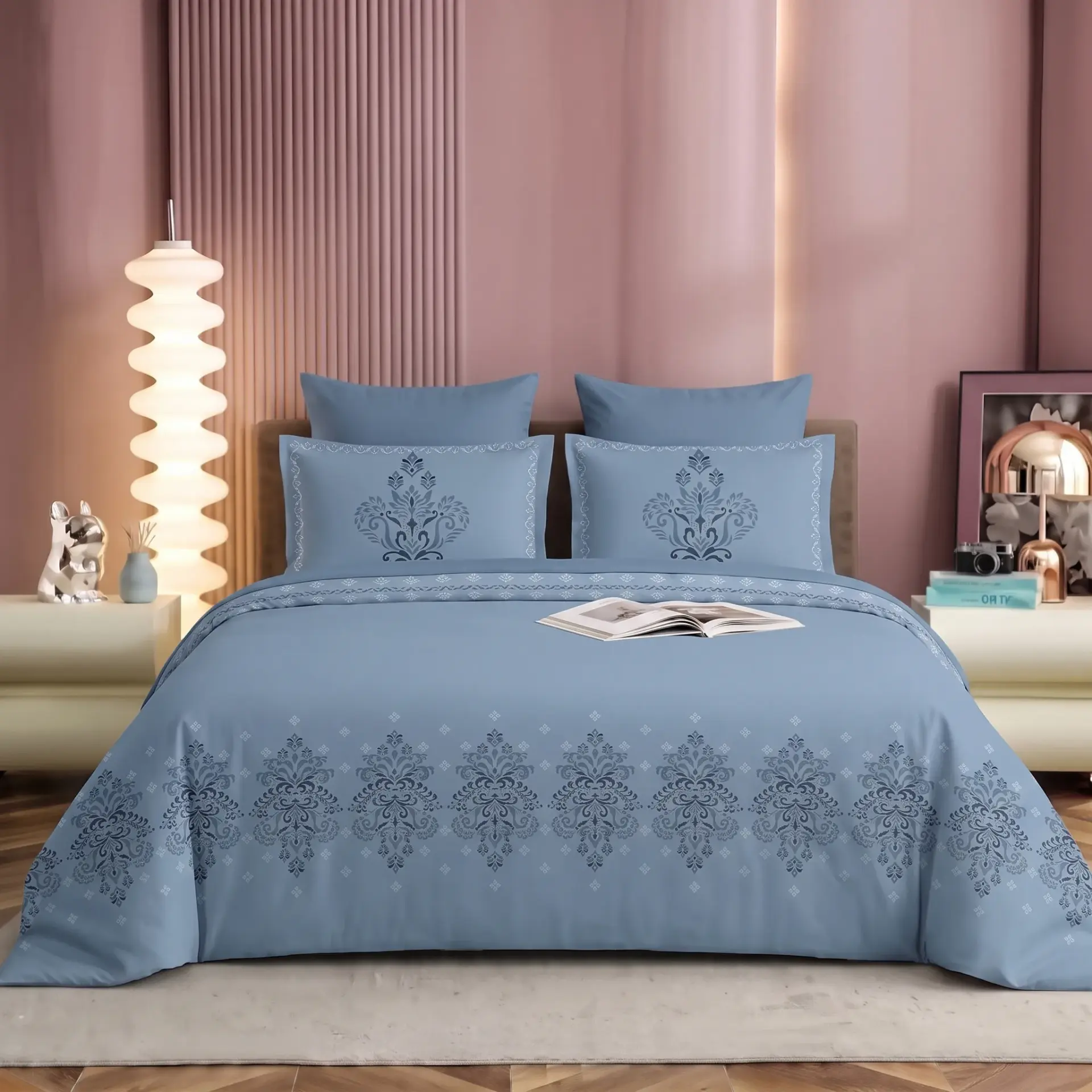 NINEEEZ 100% Cotton Digital Print King Size Bedsheet with 2 Pillow Covers | 274 x 274 cm | Premium Floral Damask Pattern, Soft & Breathable (Blue)