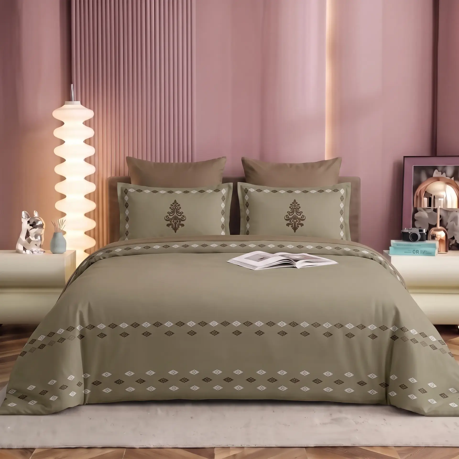 NINEEEZ 100% Cotton Digital Print King Size Bedsheet with 2 Pillow Covers | 274 x 274 cm | Premium Geometric Diamond Border Design, Soft & Breathable (Sage Green)