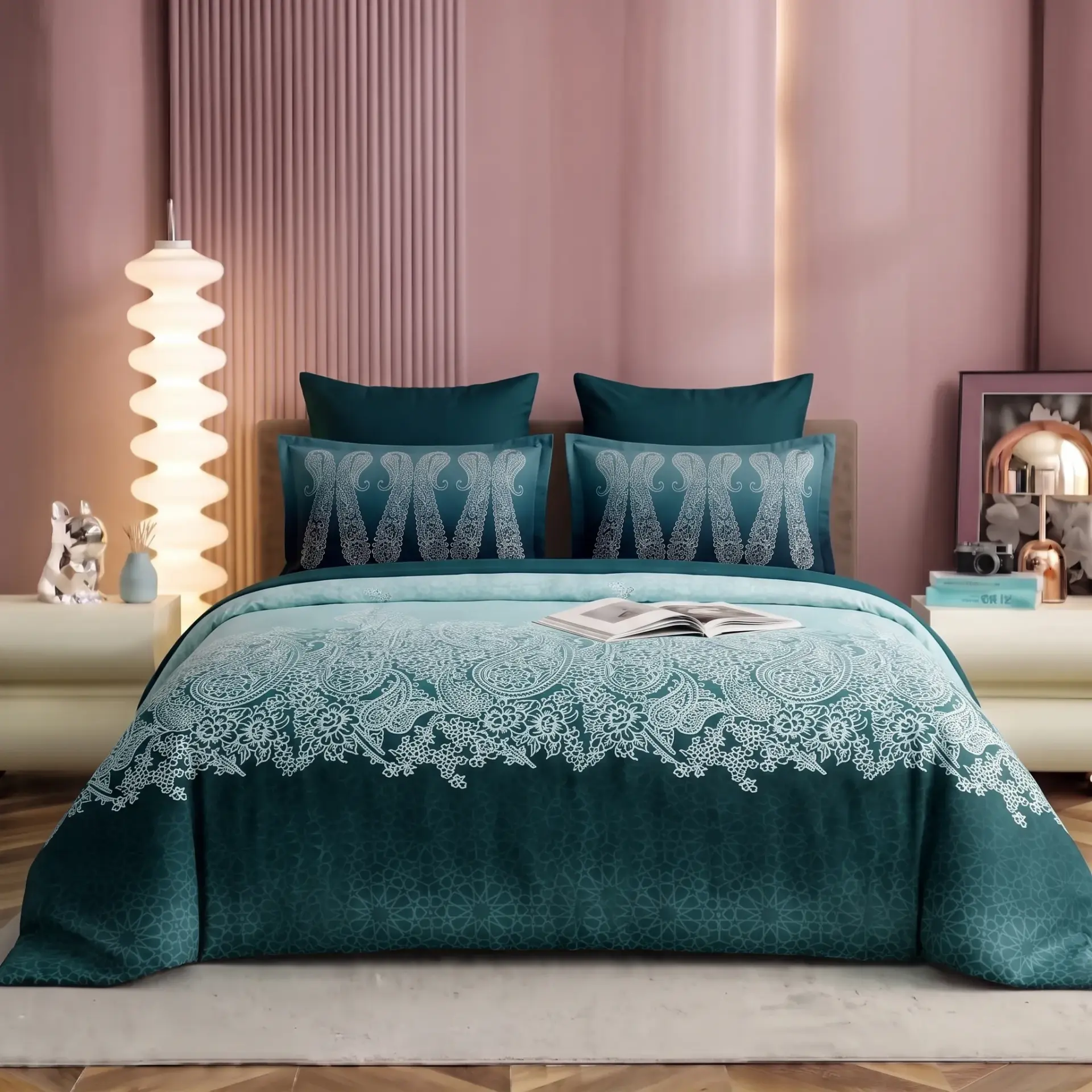 NINEEEZ Daffodiil 100% Cotton King Size Bedsheet with 2 Pillow Covers | 275 x 275 cm | Premium Floral Design, Soft & Breathable (Teal Blue)