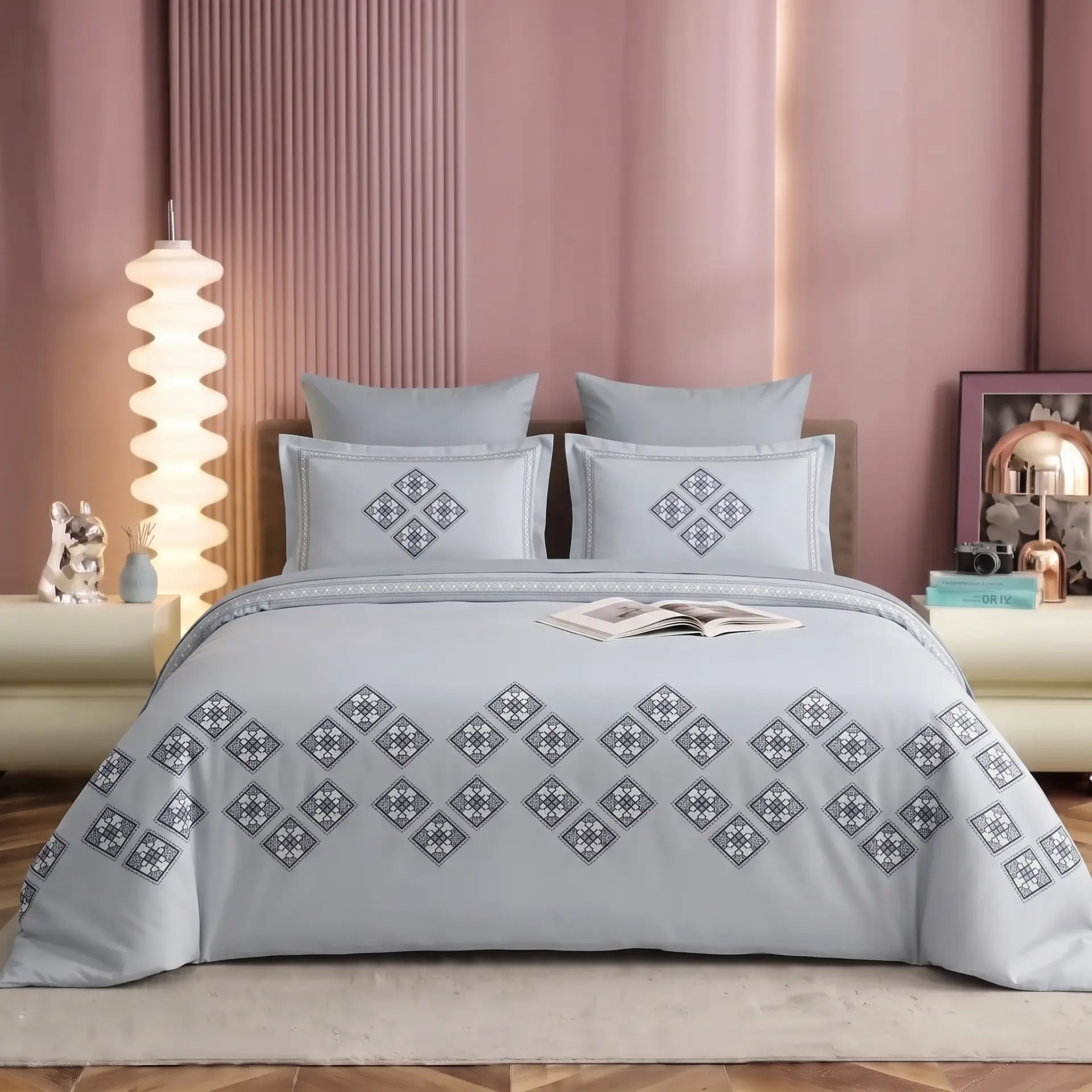 NINEEEZ 100% Cotton Digital Print King Size Bedsheet with 2 Pillow Covers | 274 x 274 cm | Premium Geometric Diamond Pattern, Soft & Breathable (Grey)