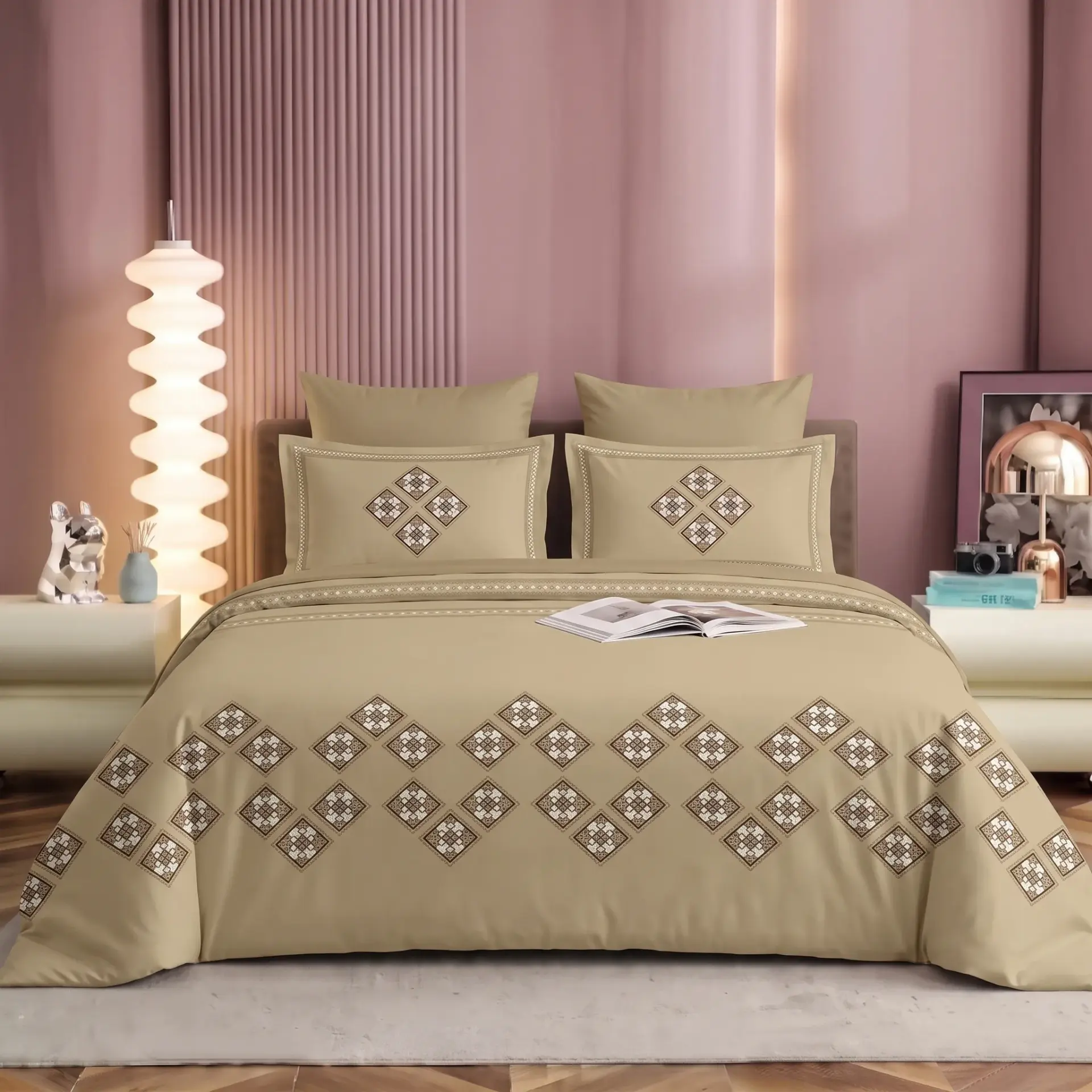 NINEEEZ 100% Cotton Digital Print King Size Bedsheet with 2 Pillow Covers | 274 x 274 cm | Premium Geometric Diamond Pattern, Soft & Breathable (Beige)