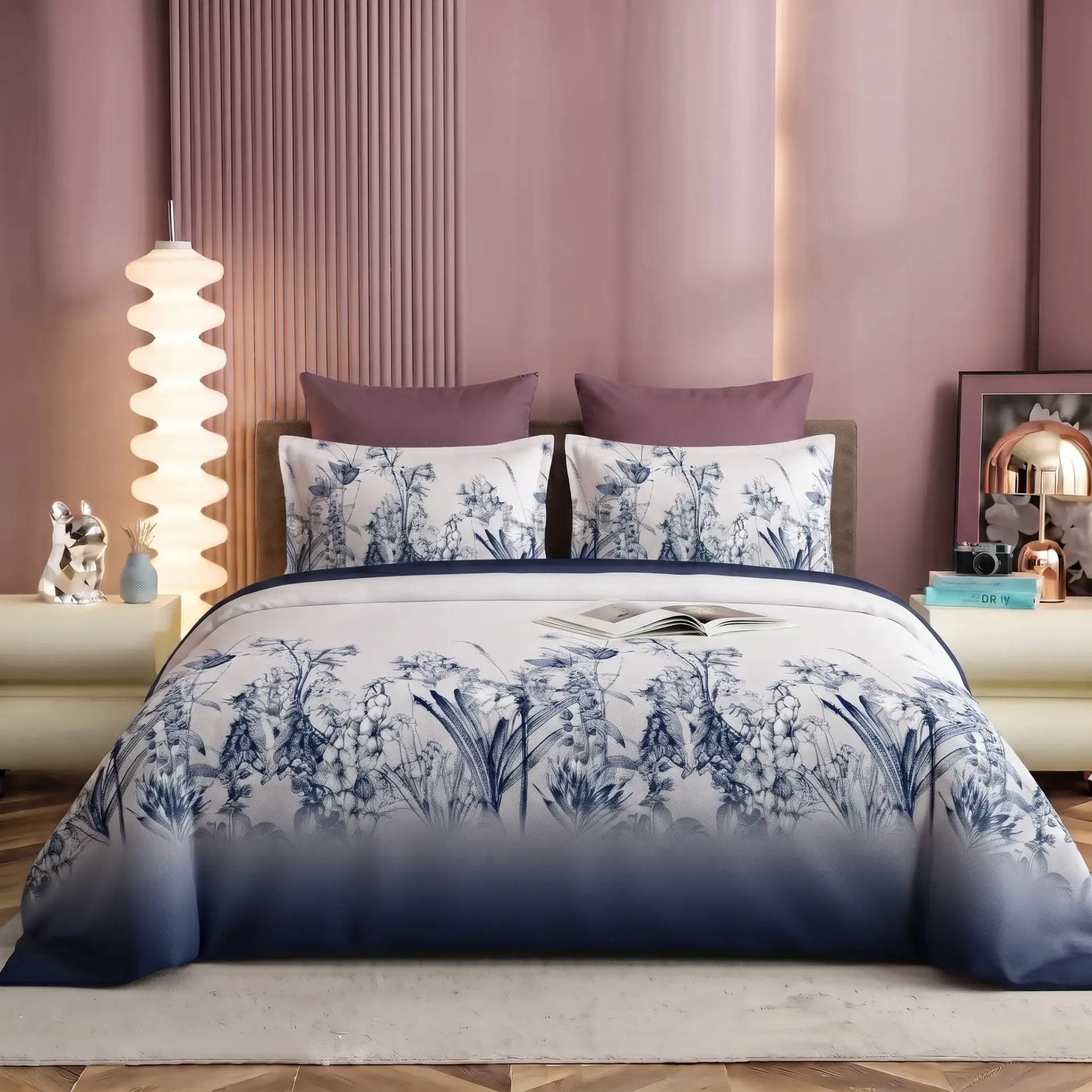 NINEEEZ Daffodil 100% Cotton King Size Bedsheet Set with 2 Pillow Covers | 275 x 275 cm | Premium Blue Botanical Floral Print Double Bed Sheet | Soft, Breathable & Comfortable Bedding for Bedroom