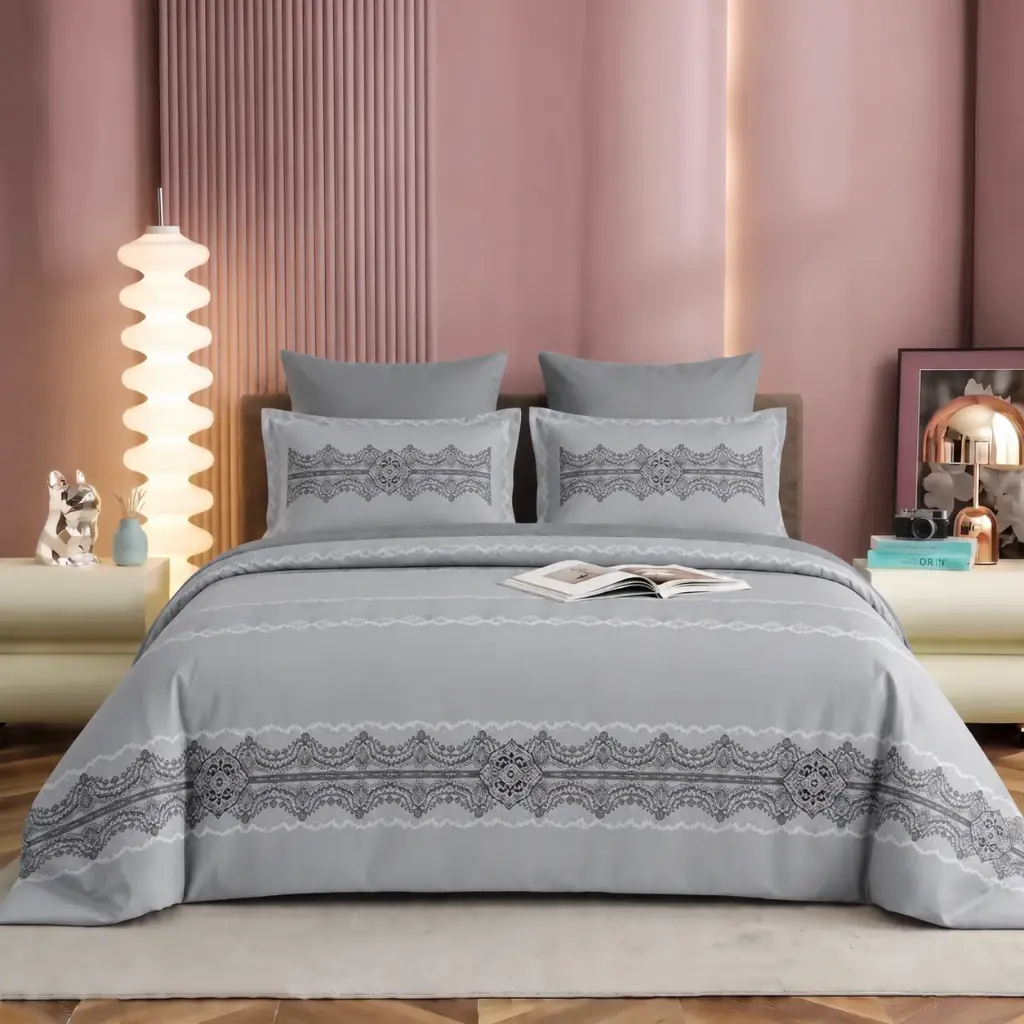 NINEEEZ Daffodil 100% Cotton King Size Bedsheet with 2 Pillow Covers | Premium Grey Digital Print Double Bed Sheet | Elegant Ornamental Border Design | Soft, Breathable & Comfortable | 274 x 274 cm