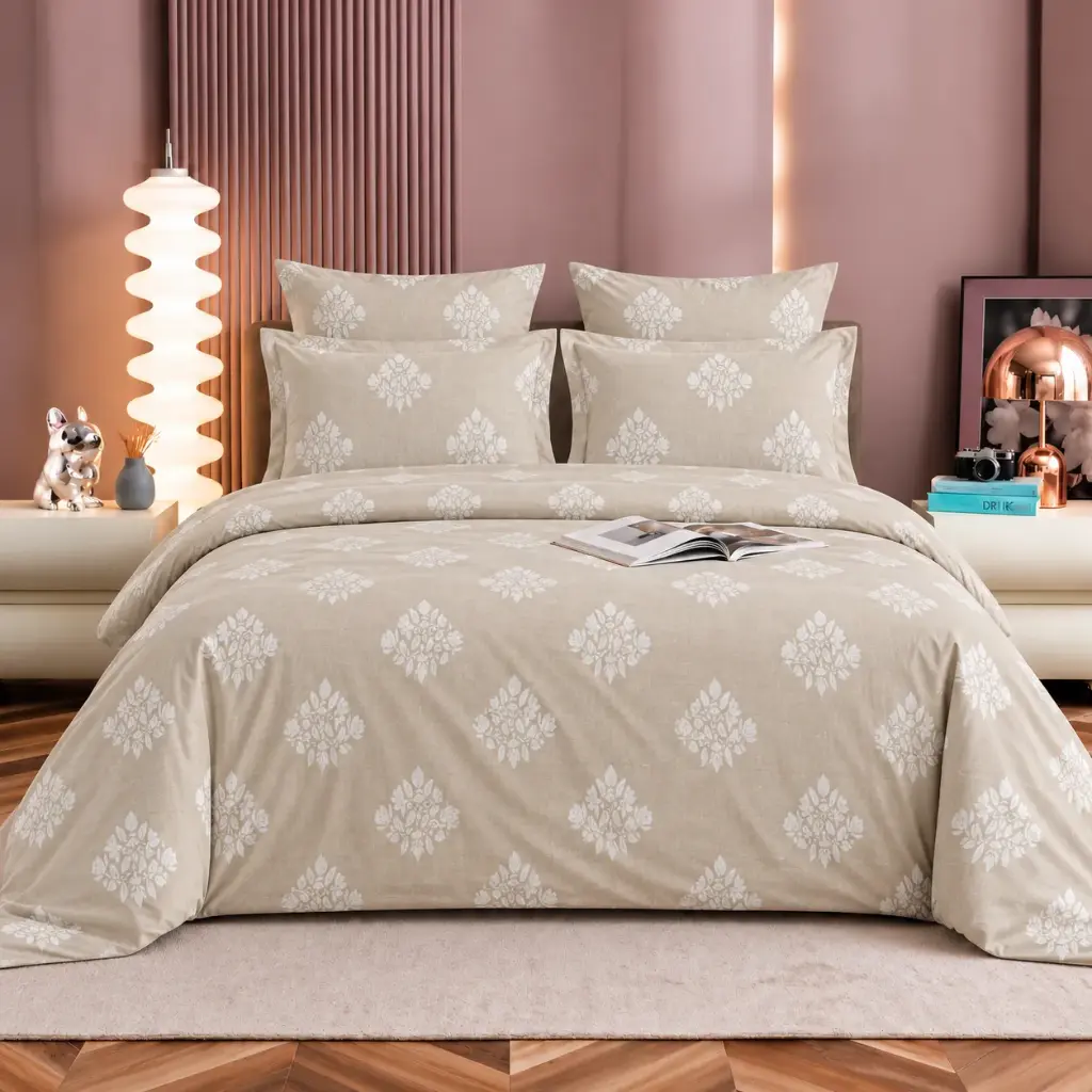 NINEEEZ Kingcozy 100% Cotton King Size Bedsheet with 2 Pillow Covers | 275 x 275 cm | Premium Beige Digital Print Double Bed Sheet Set | Elegant White Floral Motif Design | Soft & Breathable Bedding