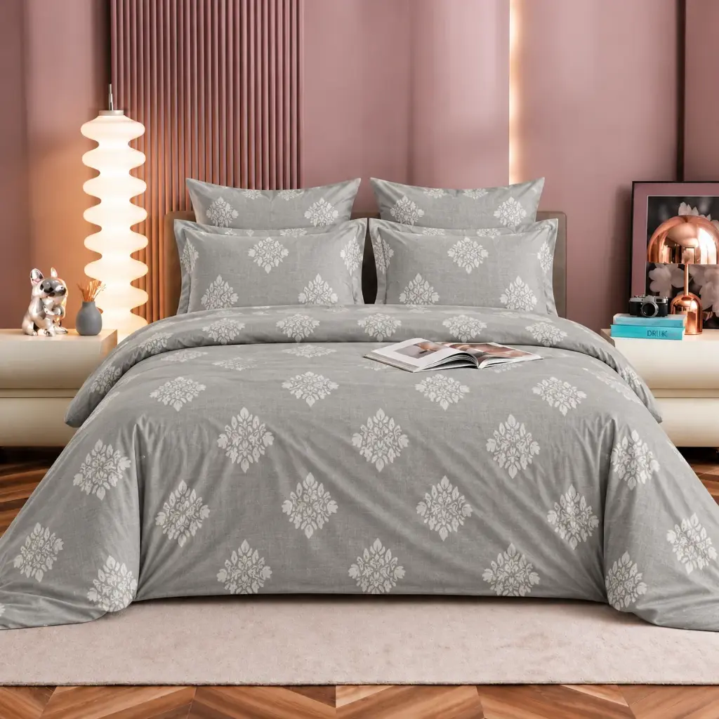 NINEEEZ Kingcozy 100% Cotton King Size Bedsheet with 2 Pillow Covers | 275 x 275 cm | Premium Grey Digital Print Double Bed Sheet Set | Elegant White Floral Motif Design | Soft & Breathable Bedding