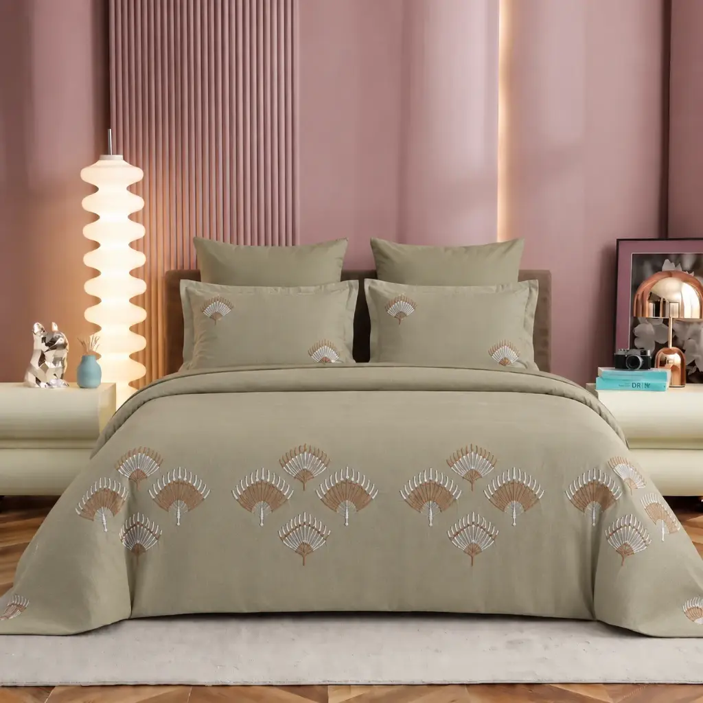 NINEEEZ Shai Embroidery 100% Cotton King Size Bedsheet with 2 Pillow Covers | 275 x 275 cm | Premium Sage Green Floral Embroidery Design | Soft & Breathable Double Bed Sheet Set