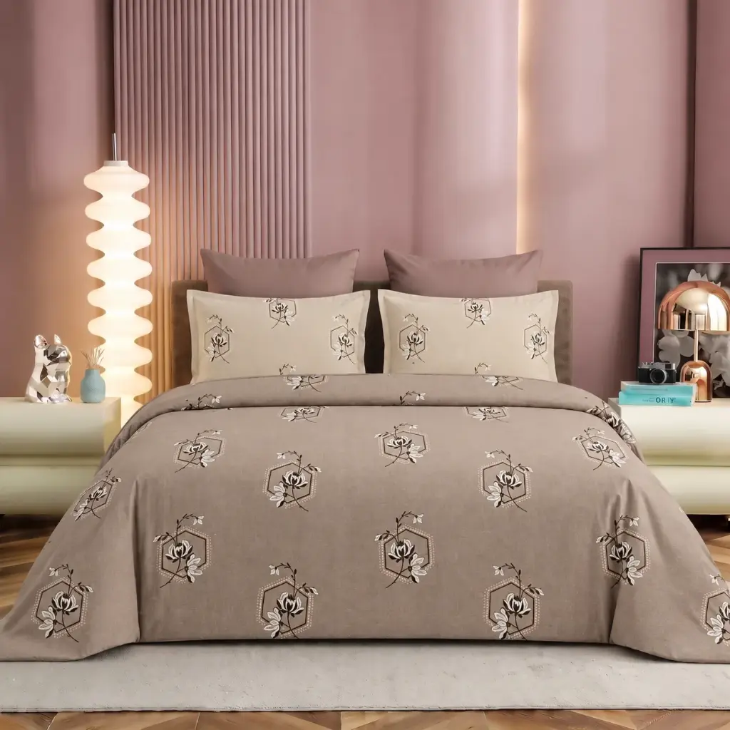 NINEEEZ Soffina 100% Cotton King Size Bedsheet with 2 Pillow Covers | 275 x 275 cm | Premium Taupe Brown Floral Design Double Bed Sheet Set | Soft, Breathable & Comfortable Bedding