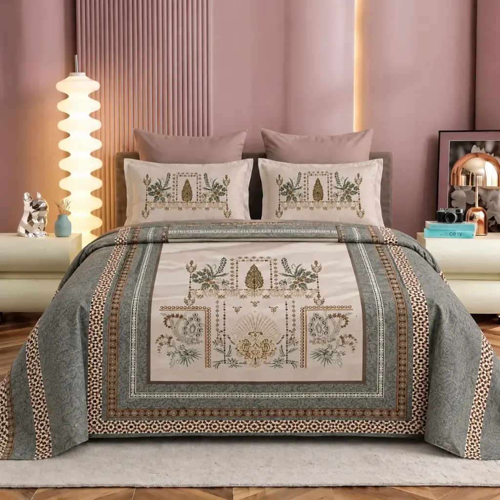 NINEEEZ Soffina 100% Cotton King Size Bedsheet with 2 Pillow Covers | 275 x 275 cm | Premium Beige Floral & Ethnic Border Print Double Bed Sheet Set | Soft & Breathable Bedding