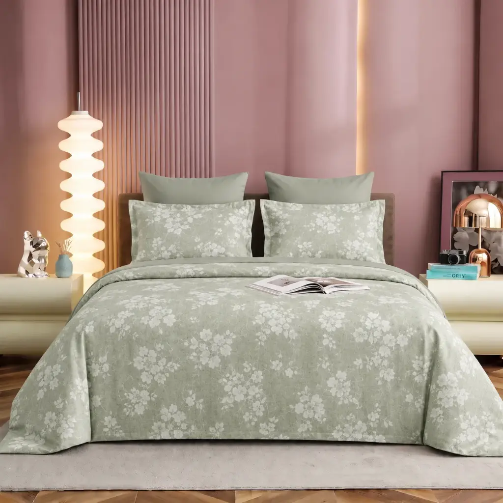 NINEEEZ Jasmine Royal 100% Cotton King Size Bedsheet with Dohar Combo Set | 1 Bedsheet 275 x 285 cm, 1 Dohar 220 x 250 cm & 2 Pillow Covers | Sage Green Floral Print Bedding Set