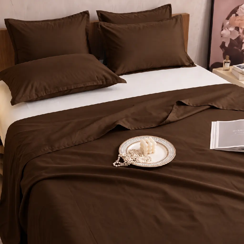 Cozy Chocolate Brown Bedroom Still Life.webp