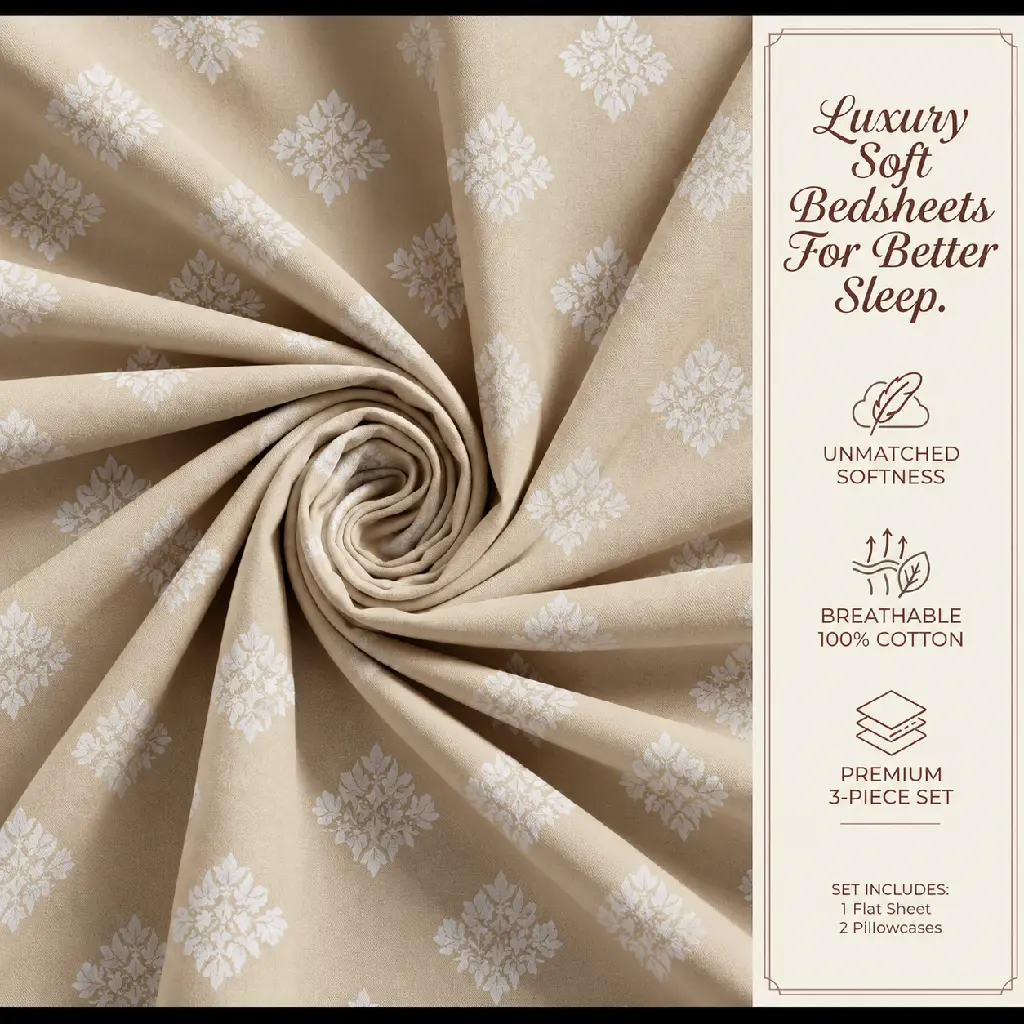 Luxury Beige Damask Bedsheet Advertisement.webp
