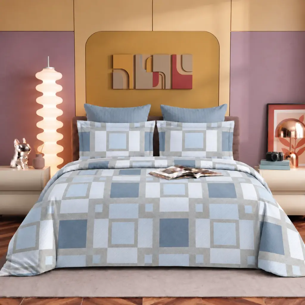 Nineeez Pinnacle 100% Cotton King Size Bedsheet with 2 Pillow Covers | 280 x 280 cm | Soft & Breathable | Modern Grid Geometric Print | Powder Grey