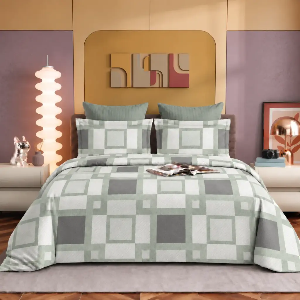 Nineeez Pinnacle 100% Cotton King Size Bedsheet with 2 Pillow Covers | 280 x 280 cm | Soft & Breathable | Modern Grid Geometric Print | Sage Grey
