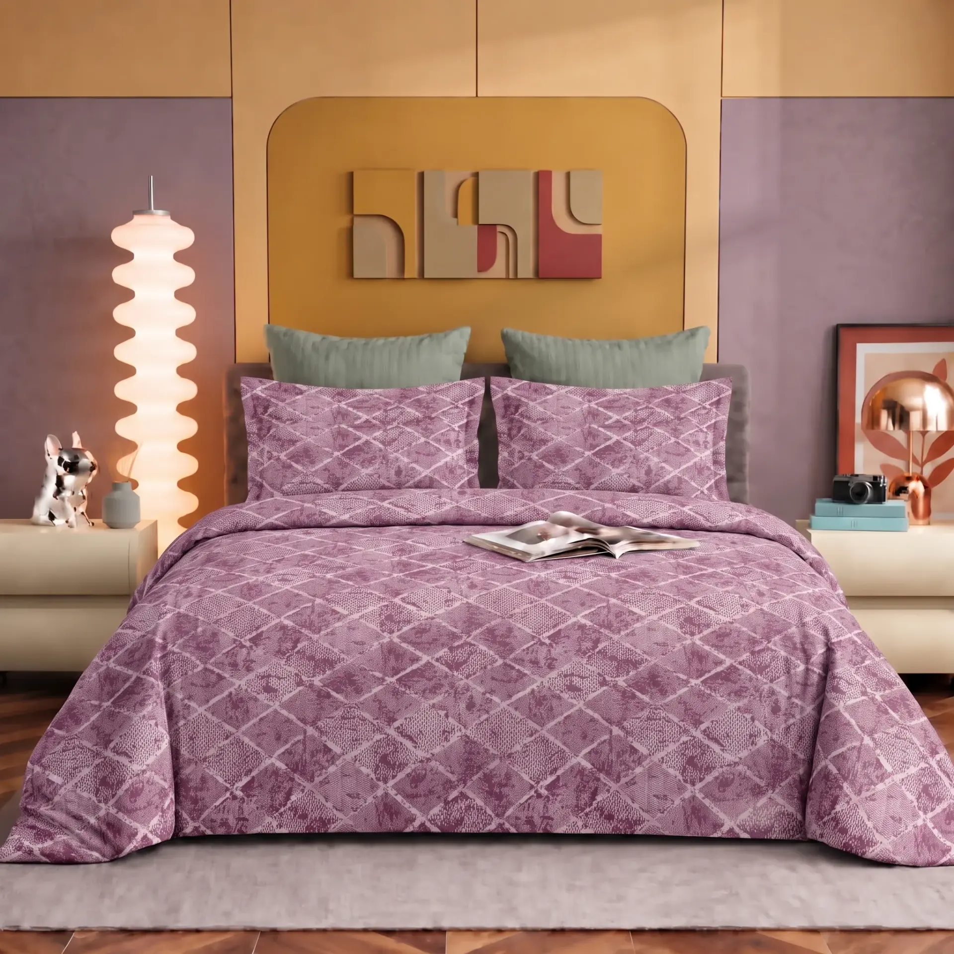 Nineeez Pinnacle 100% Cotton King Size Bedsheet with 2 Pillow Covers | 280 x 280 cm | Soft & Breathable | Diamond Geometric Print | Dusty Rose