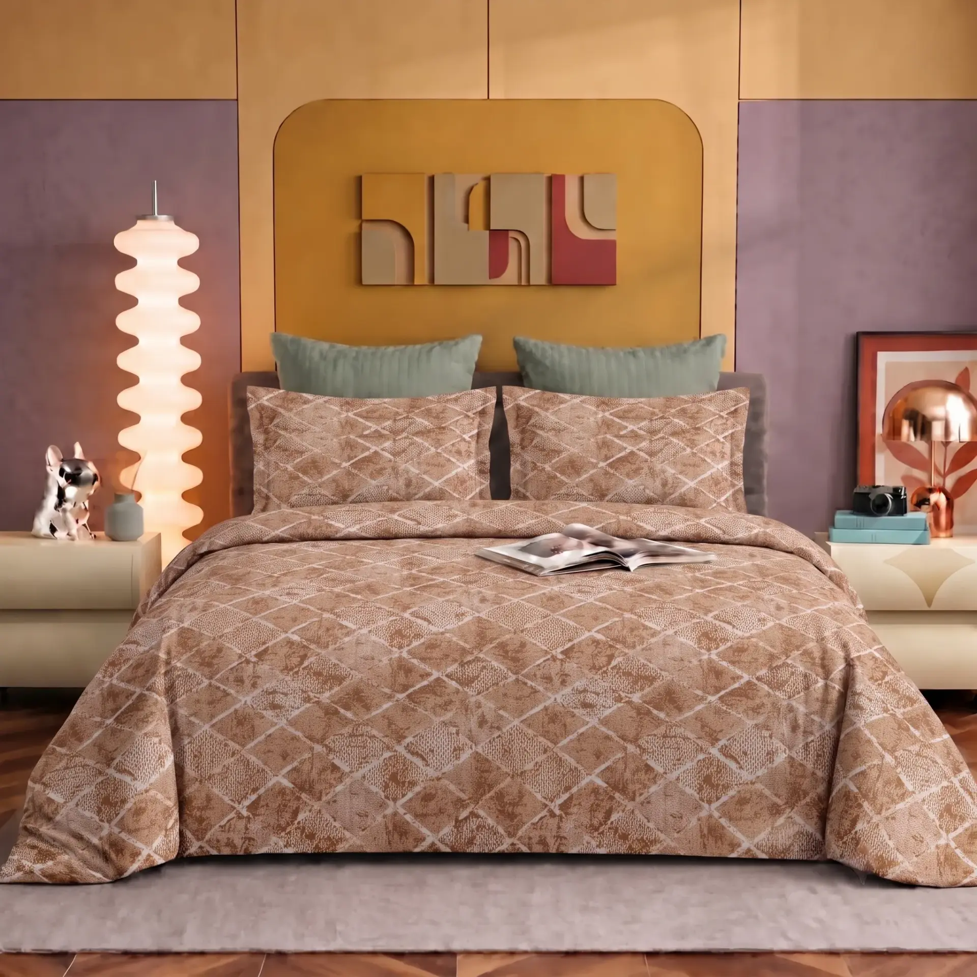 Nineeez Pinnacle 100% Cotton King Size Bedsheet with 2 Pillow Covers | 280 x 280 cm | Soft & Breathable | Diamond Geometric Print | Sand Brown