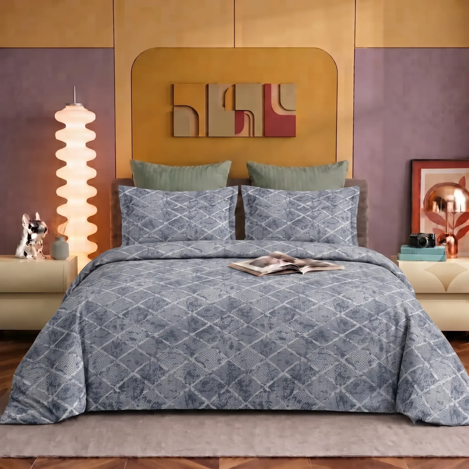 Nineeez Pinnacle 100% Cotton King Size Bedsheet with 2 Pillow Covers | 280 x 280 cm | Soft & Breathable | Diamond Geometric Print | Slate Grey