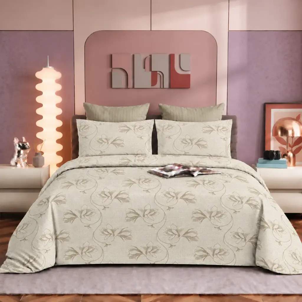 Nineeez Pinnacle 100% Cotton King Size Bedsheet with 2 Pillow Covers | 280 x 280 cm | Soft & Breathable | Elegant Floral Vine Print | Ivory Beige
