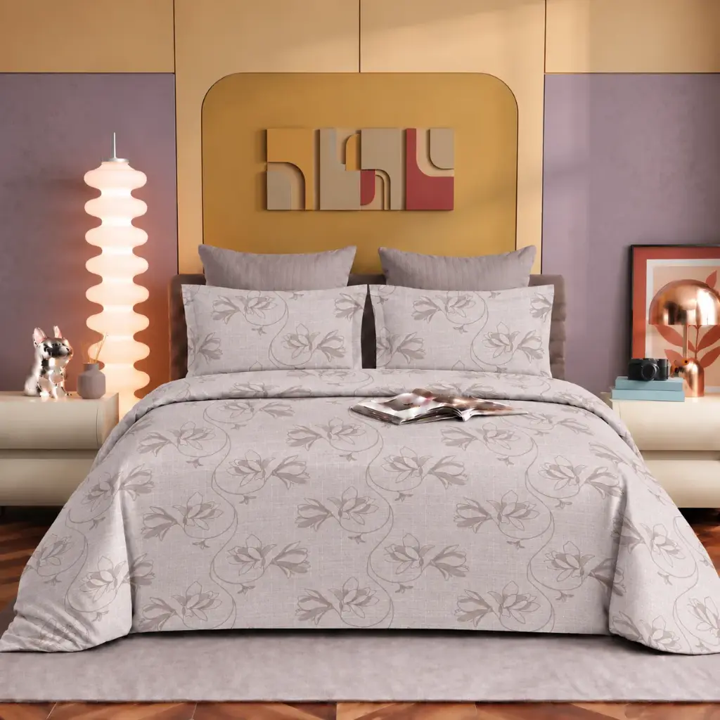 Nineeez Pinnacle 100% Cotton King Size Bedsheet with 2 Pillow Covers | 280 x 280 cm | Soft & Breathable | Elegant Floral Vine Print | Blush Grey
