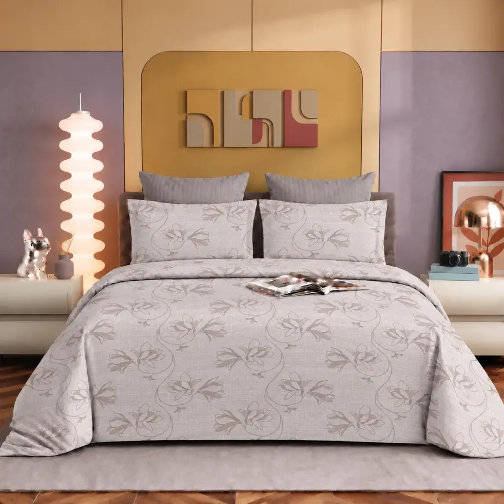 Nineeez Pinnacle 100% Cotton King Size Bedsheet with 2 Pillow Covers | 280 x 280 cm | Soft & Breathable | Elegant Floral Vine Print | Pearl Grey