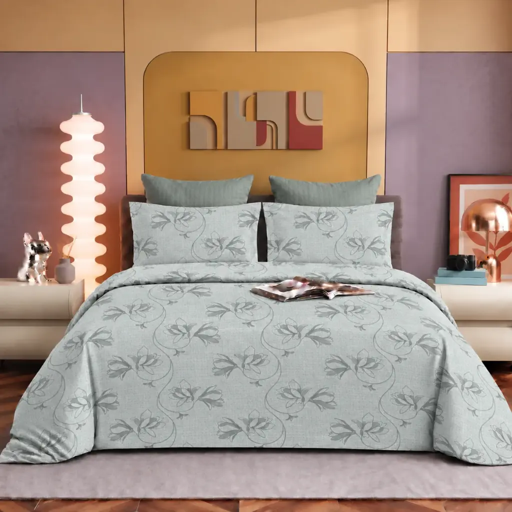 Nineeez Pinnacle 100% Cotton King Size Bedsheet with 2 Pillow Covers | 280 x 280 cm | Soft & Breathable | Elegant Floral Vine Print | Ice Blue