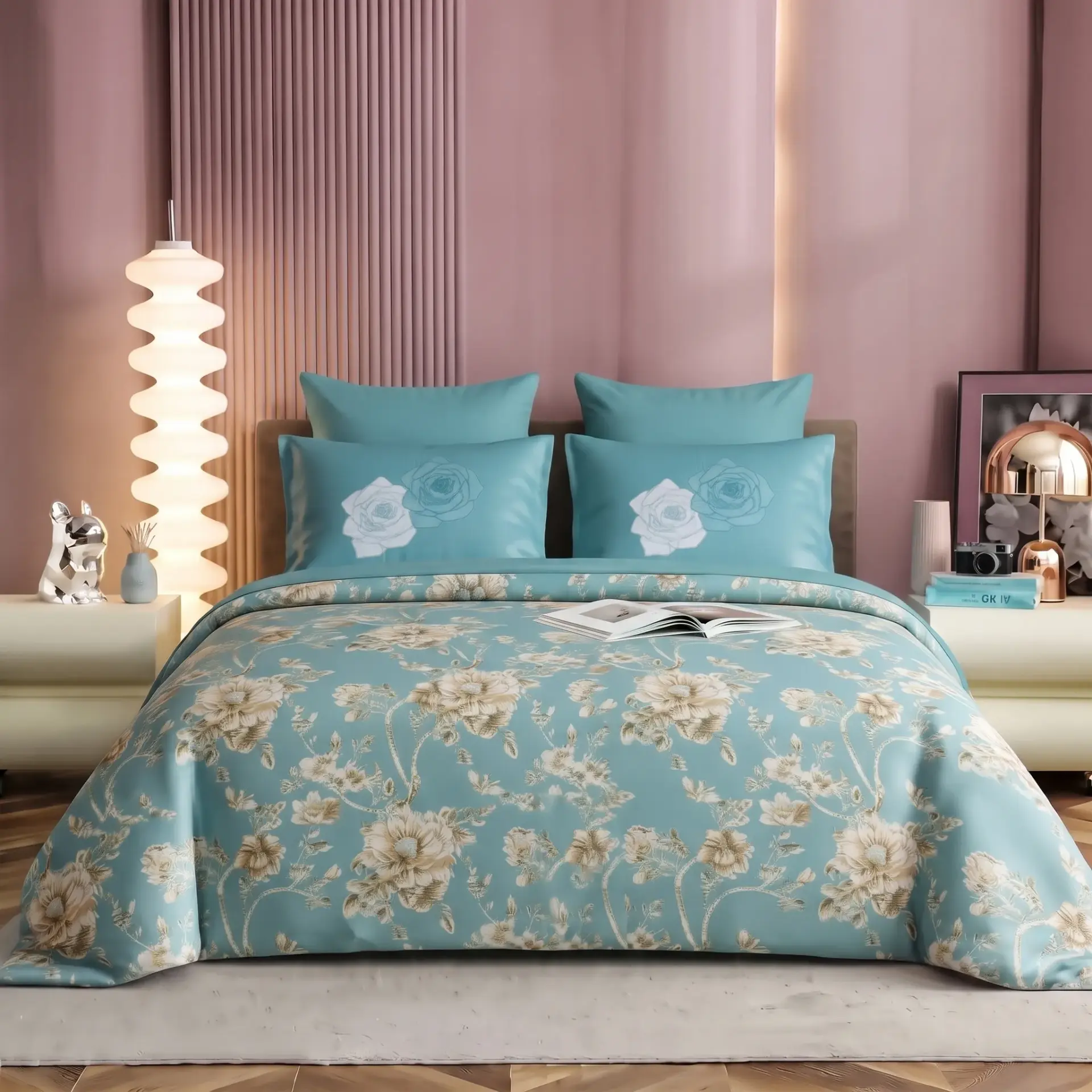 NINEEEZ Hi Cross Mix Premium 100% Cotton King Size Bedsheet with 2 Pillow Covers, 280 x 280 cm, Blue Floral Print, Soft & Breathable