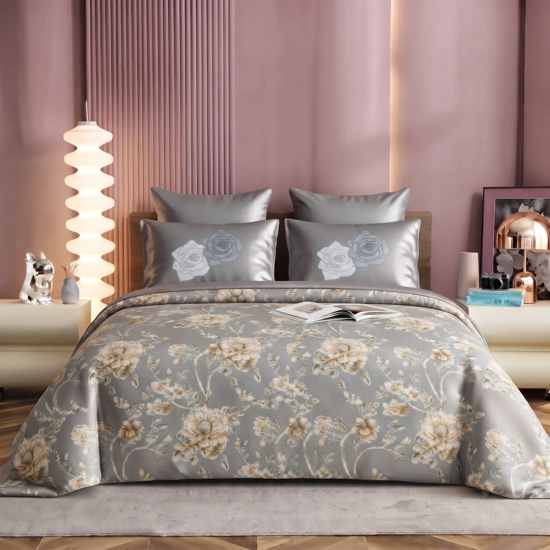 NINEEEZ Hi Cross Mix Premium 100% Cotton King Size Bedsheet with 2 Pillow Covers, 280 x 280 cm, Grey Floral Print, Soft & Breathable
