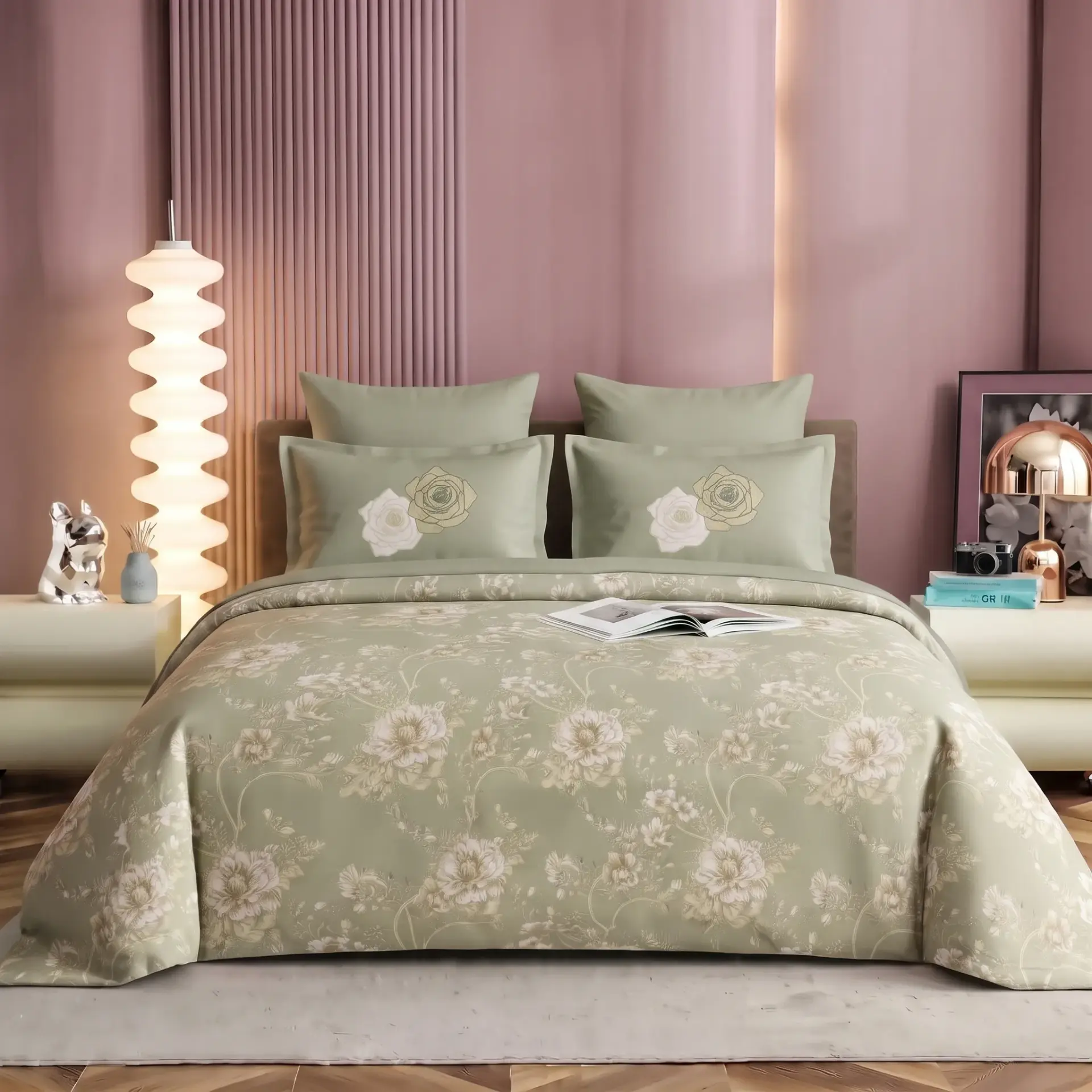 NINEEEZ Hi Cross Mix Premium 100% Cotton King Size Bedsheet with 2 Pillow Covers, 280 x 280 cm, Green Floral Print, Soft & Breathable