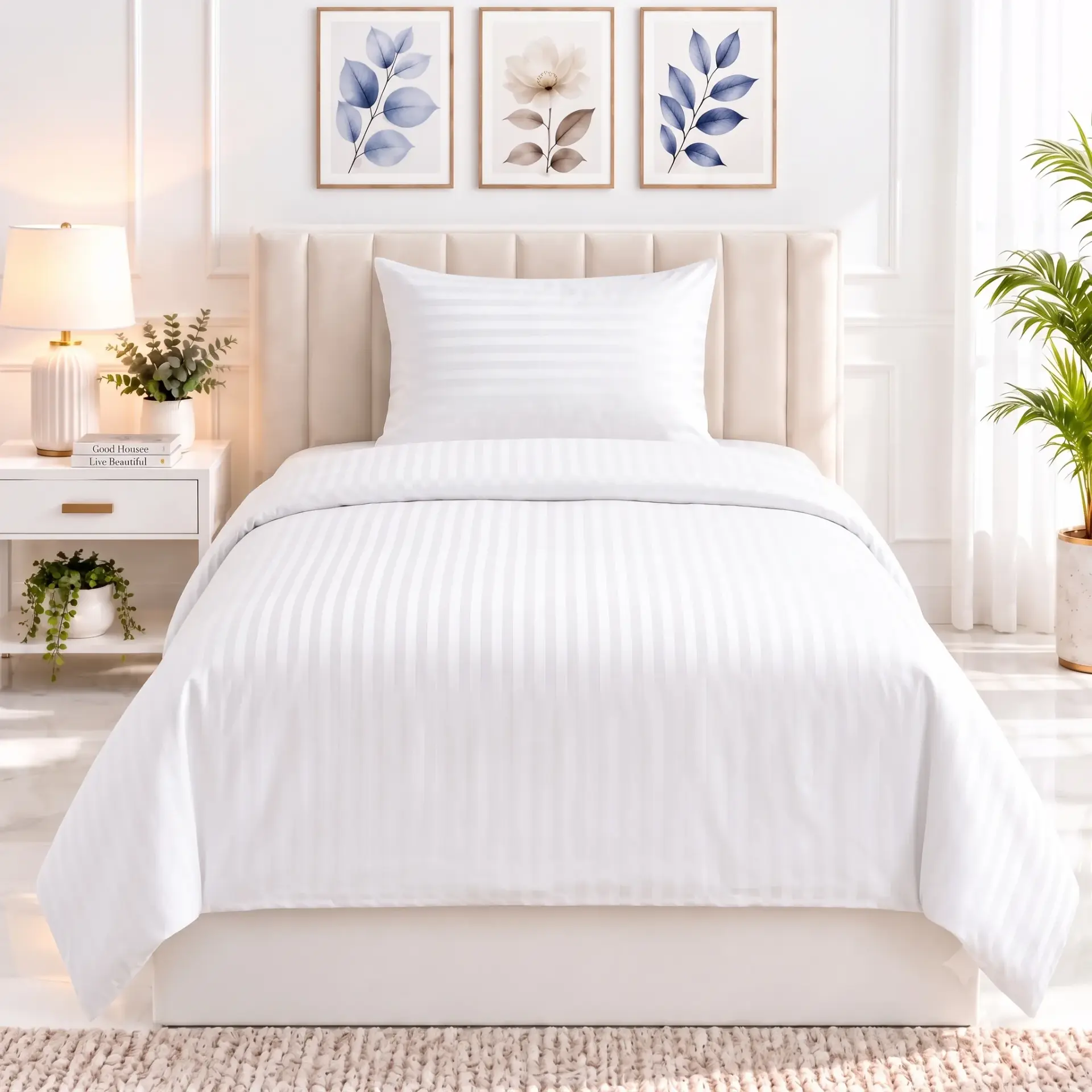 Nineeez Satin Stripe Single Size Bedsheet Set | 100% Cotton | 1 Single Flat Bedsheet 153 x 229 cm + 1 Pillow Cover 46 x 69 cm | Soft, Breathable & Comfortable | White
