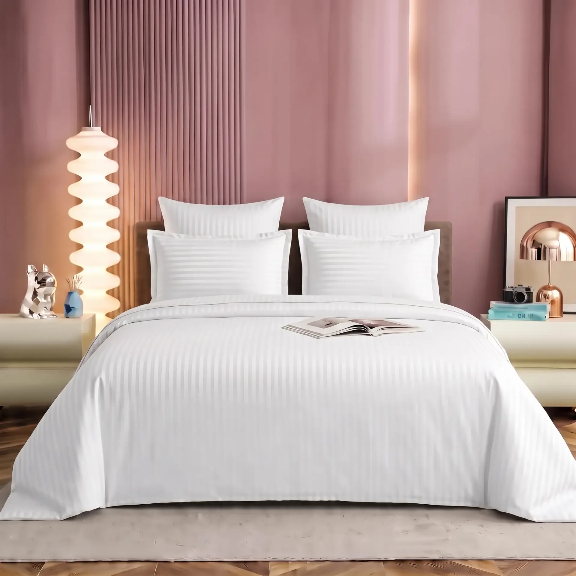 Nineeez Satin Stripe King Size Bedsheet Set | 100% Cotton Bedsheet | 1 King Flat Sheet 280 x 280 cm + 2 Pillow Covers 76 x 50 cm | Soft, Breathable & Comfortable | White