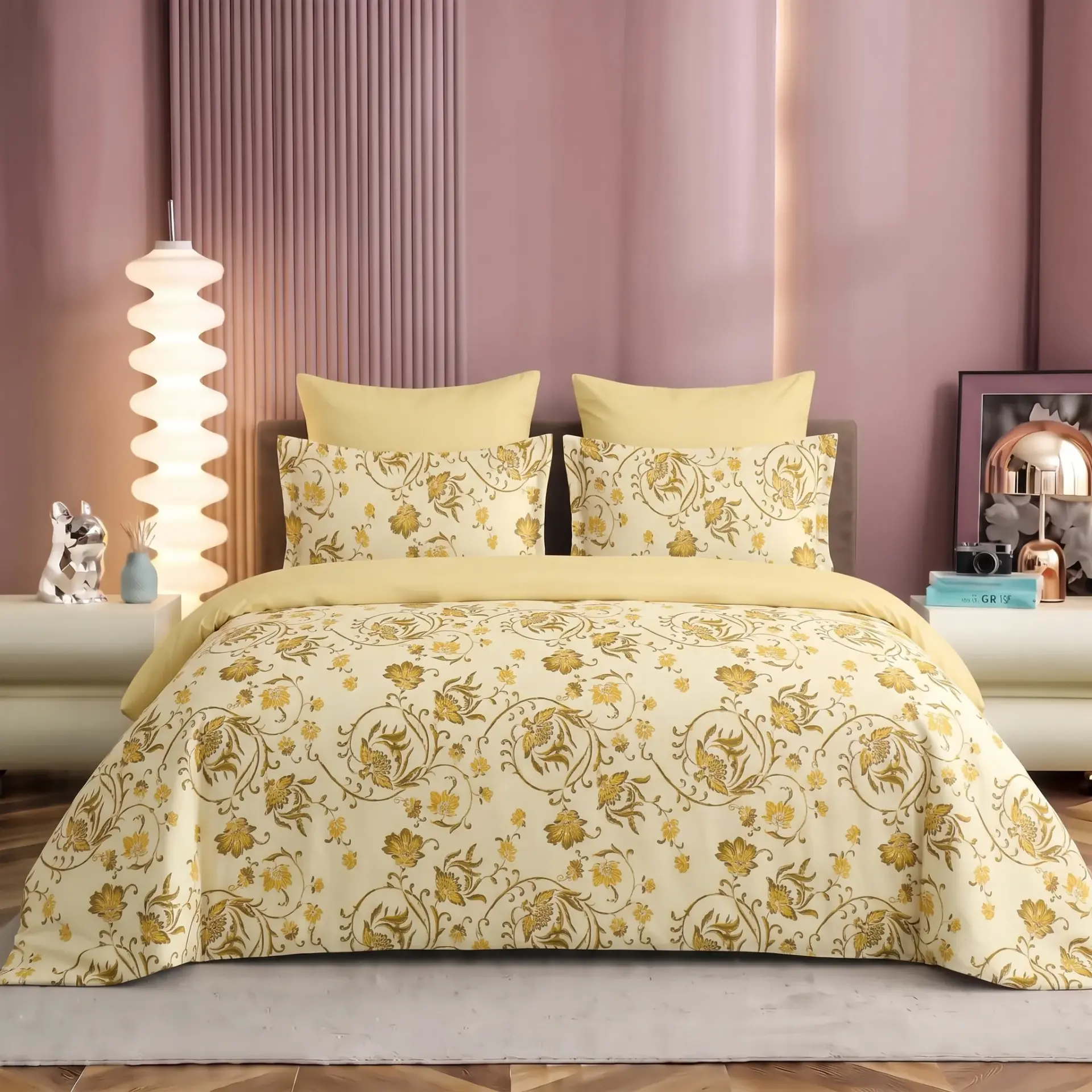Nineeez Plumeria King Size Bedsheet Set, Traditional Flower Print Design, 100% Cotton, Soft & Breathable, 1 Bedsheet 275 x 254 cm with 2 Pillow Covers 76 x 50 cm, Cream