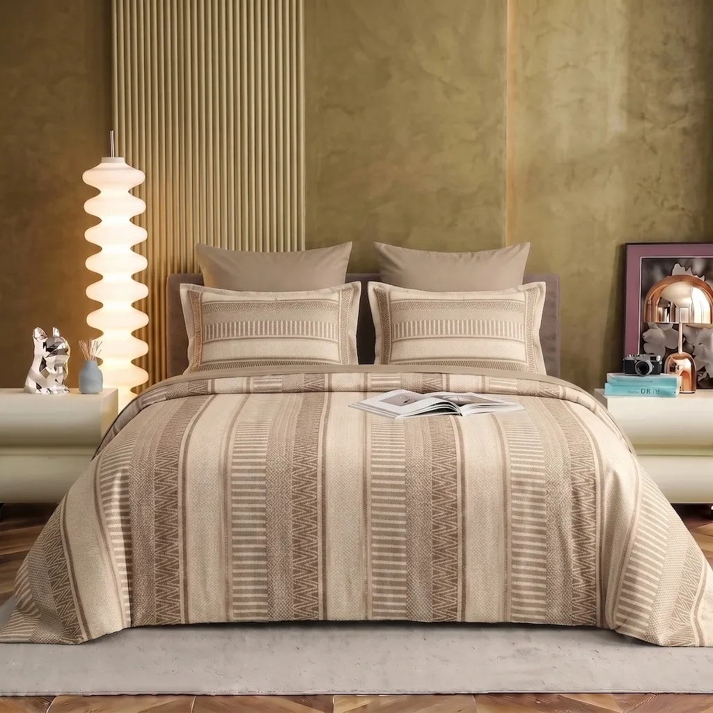 Nineeez 100% Cotton Feather Touch Queen Bedsheet Set | Geometric Striped Luxury Bedding with 2 Matching Pillow Covers (224 x 254 cm, Brown)