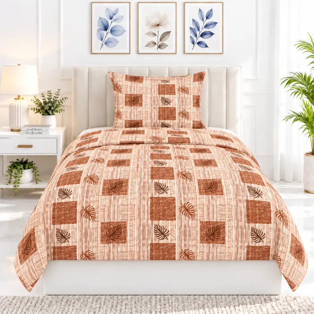 Nineeez 100% Cotton Single Bedsheet with 1 Pillow Cover | 148 x 228 cm | Terracotta Leaf Geometric Print | Soft, Breathable & Comfortable | Brown