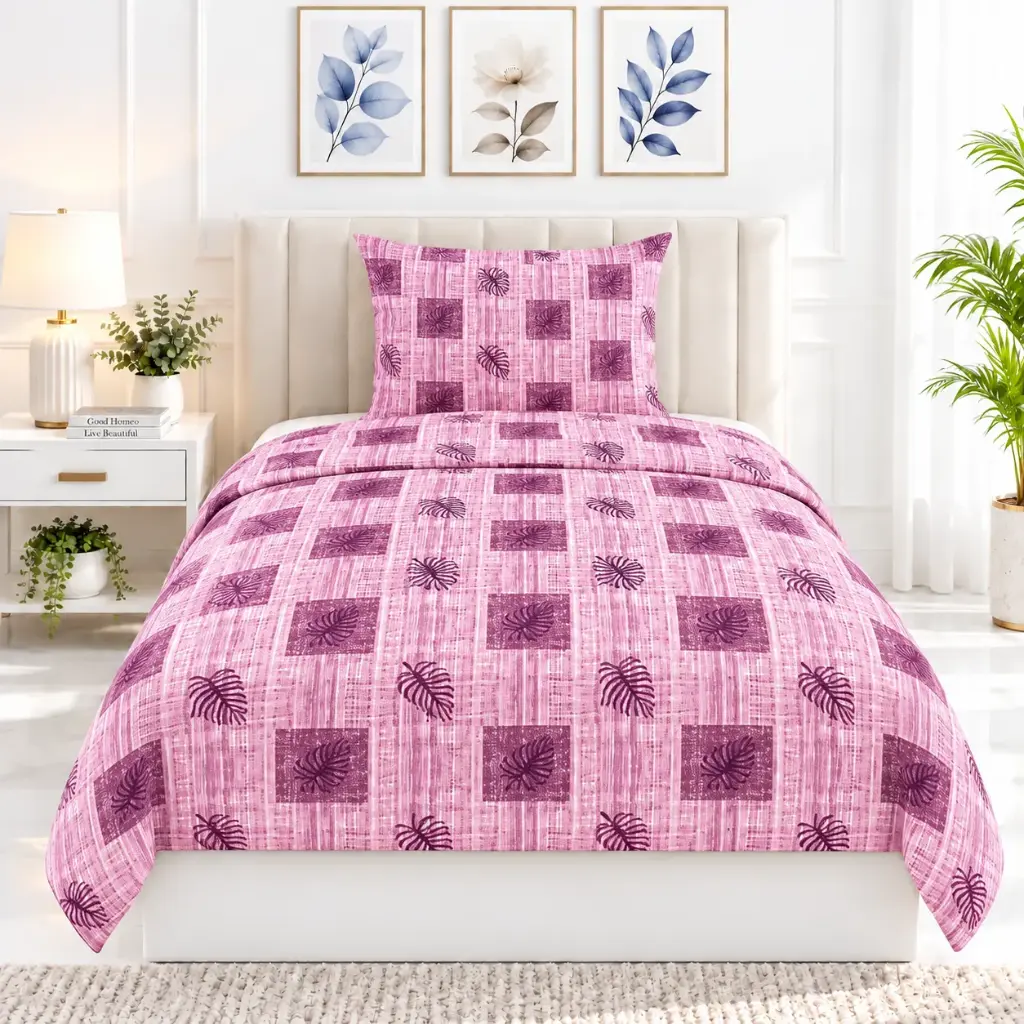 Nineeez 100% Cotton Single Bedsheet with 1 Pillow Cover | 148 x 228 cm | Terracotta Leaf Geometric Print | Soft, Breathable & Comfortable | Pink