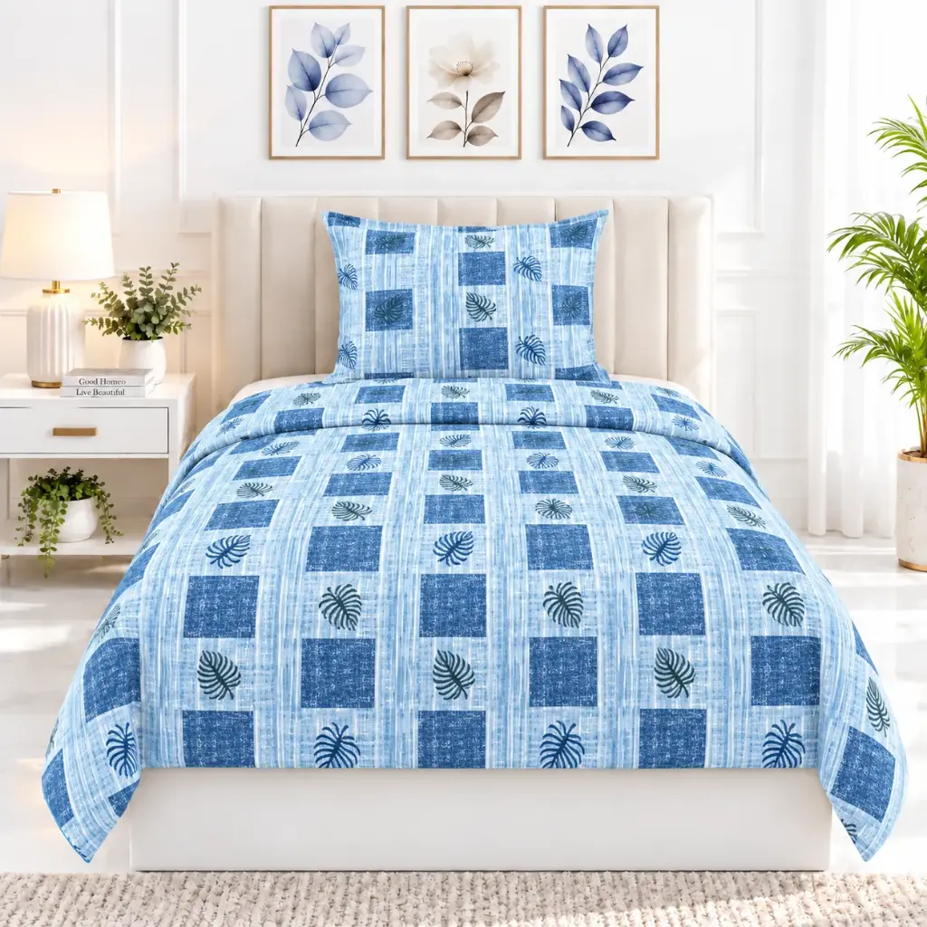 Nineeez 100% Cotton Single Bedsheet with 1 Pillow Cover | 148 x 228 cm | Terracotta Leaf Geometric Print | Soft, Breathable & Comfortable | Blue