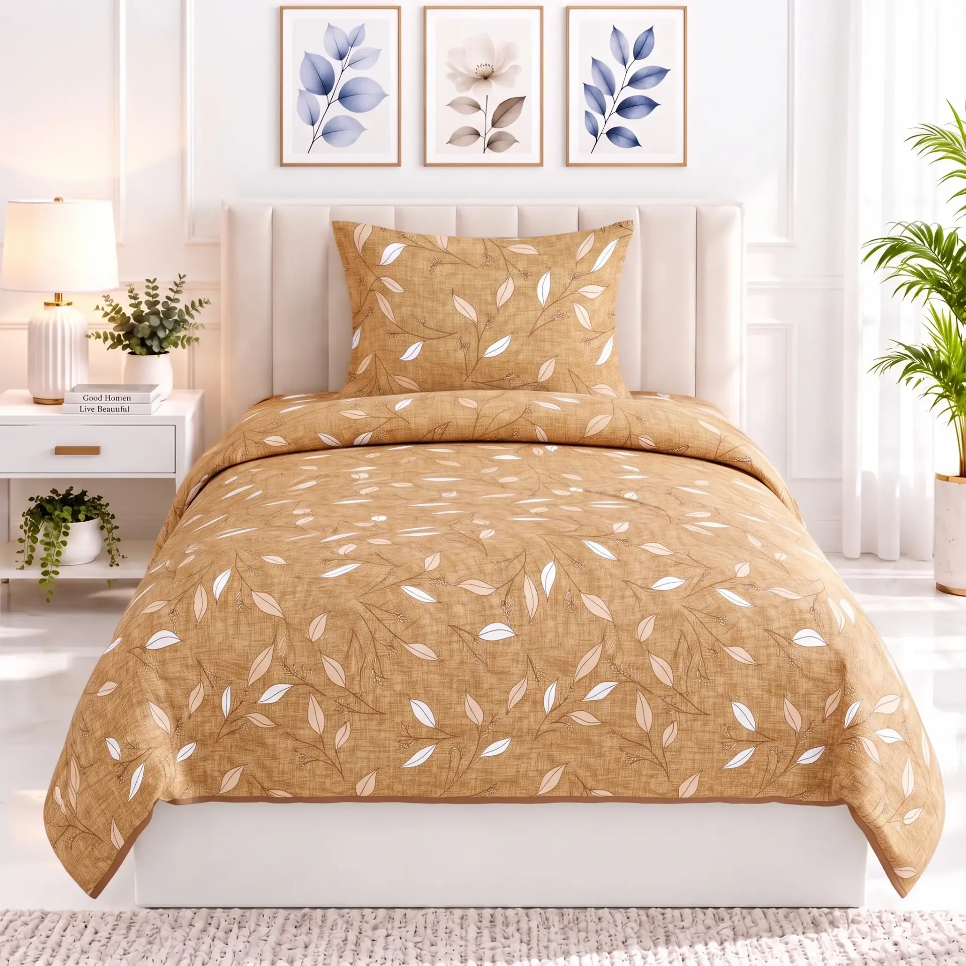 Nineeez 100% Cotton Single Bedsheet with 1 Pillow Cover | 148 x 228 cm | Leafy Vine Print | Soft, Breathable & Comfortable | Beige