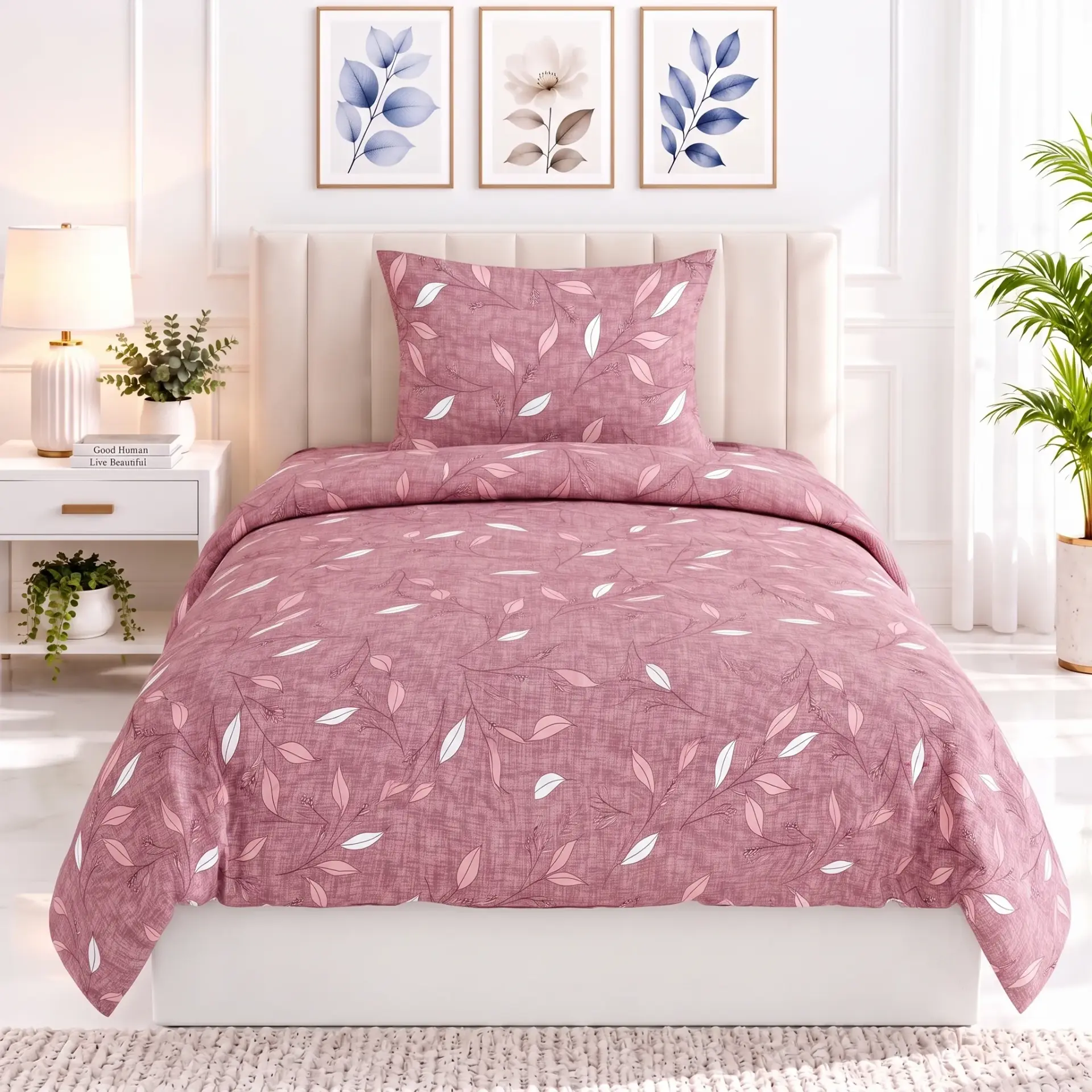 Nineeez 100% Cotton Single Bedsheet with 1 Pillow Cover | 148 x 228 cm | Leafy Vine Print | Soft, Breathable & Comfortable | Pink