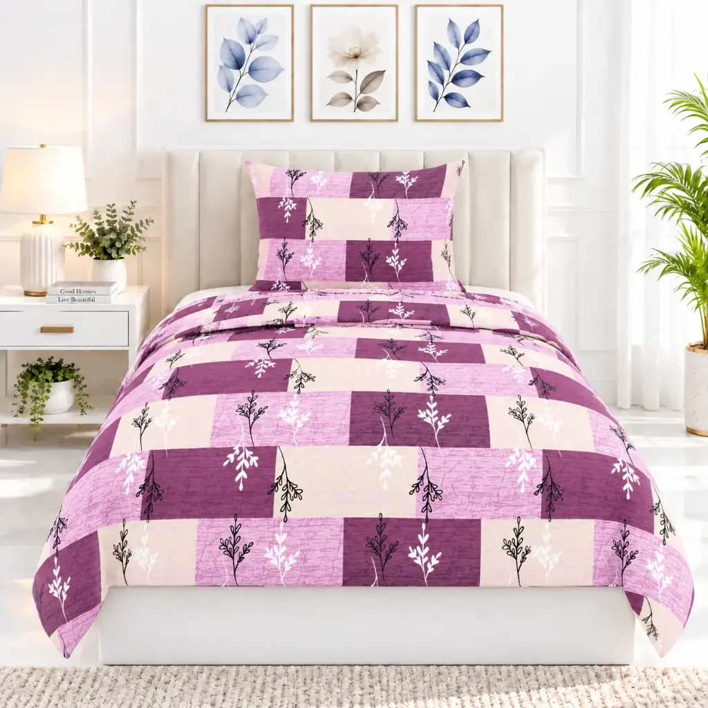 Nineeez 100% Cotton Single Bedsheet with 1 Pillow Cover | 148 x 228 cm | Botanical Checkered Print | Soft, Breathable & Comfortable | Pink