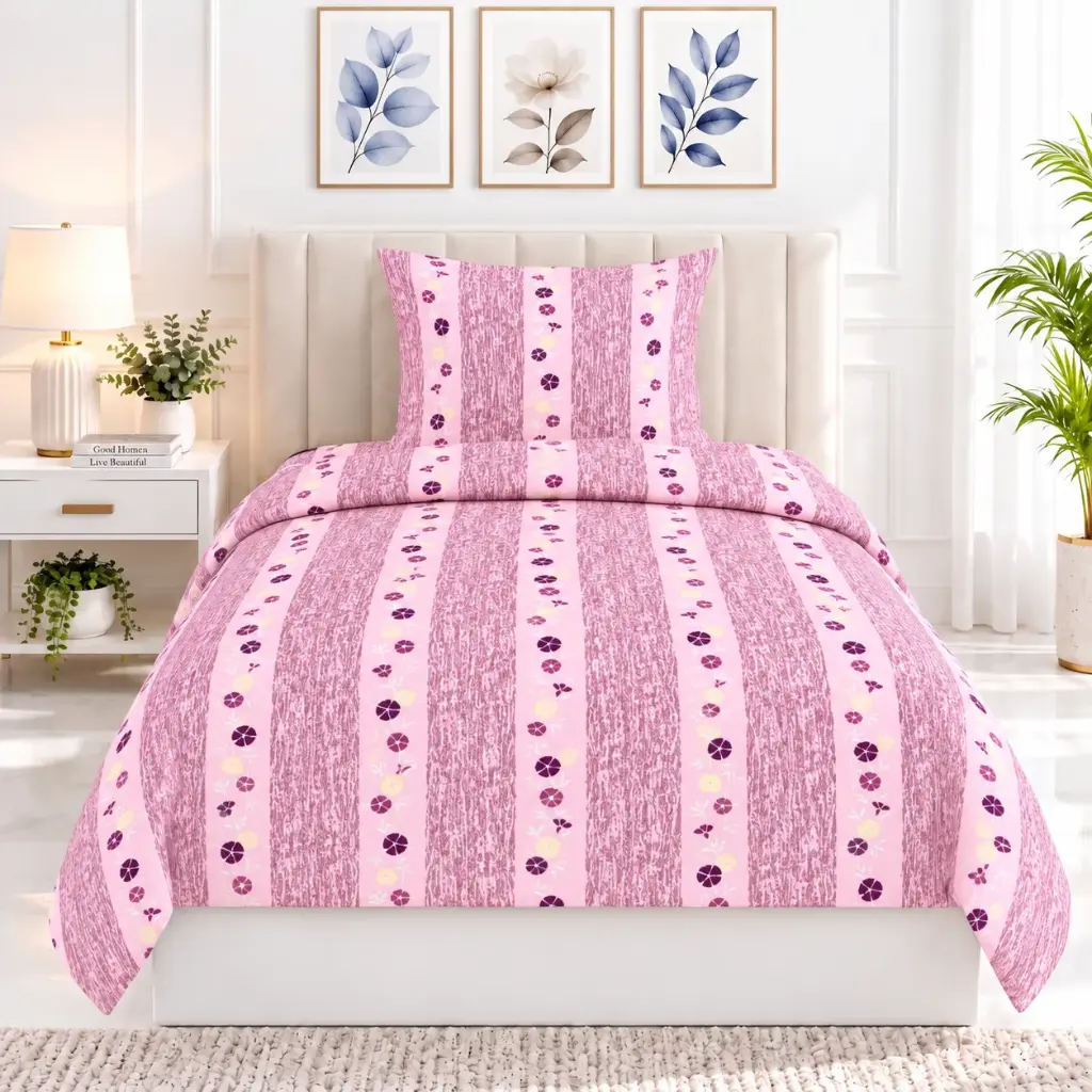 Nineeez 100% Cotton Single Bedsheet with 1 Pillow Cover | 148 x 228 cm | Soft, Breathable & Comfortable | Vertical Floral Stripe Print | Pink