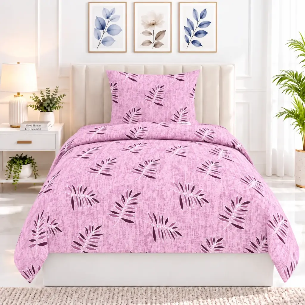 Nineeez 100% Cotton Single Bedsheet with 1 Pillow Cover | 148 x 228 cm | Soft, Breathable & Comfortable | Leaf Sprig Print | Pink