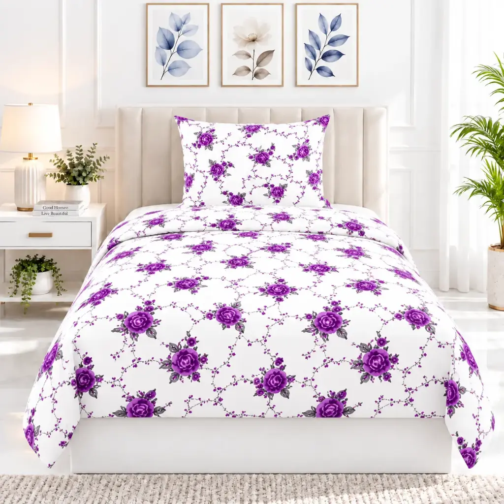 NINEEEZ 100% Cotton Single Bedsheet with 1 Pillow Cover | 148 x 228 cm | Rose Trellis Floral Design | Soft, Breathable & Comfortable | Purple