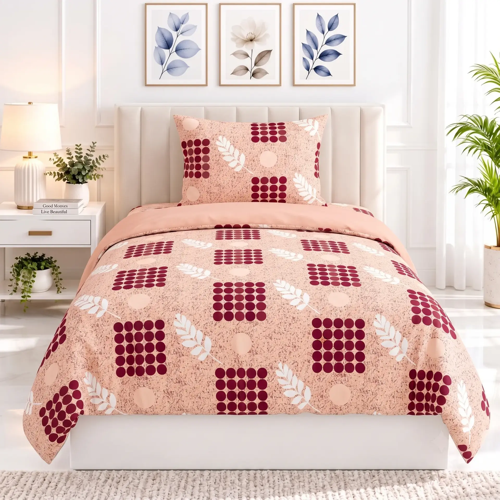 NINEEEZ 100% Cotton Single Bedsheet with 1 Pillow Cover | 148 x 228 cm | Geometric Grape Cluster & Leaf Print | Soft, Breathable & Comfortable | Maroon