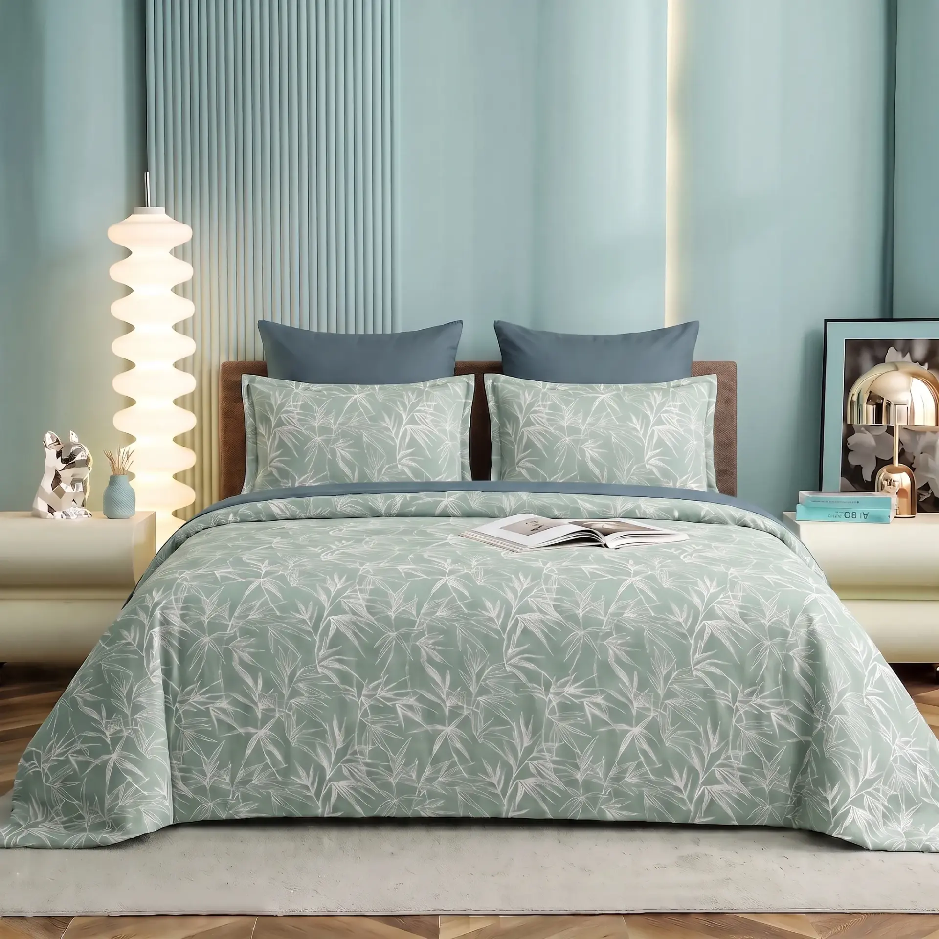Nineeez 100% Cotton Feather Touch Queen Bedsheet Set | Botanical Leaf Pattern Luxury Bedding with 2 Matching Pillow Covers (224 x 254 cm, Blue)