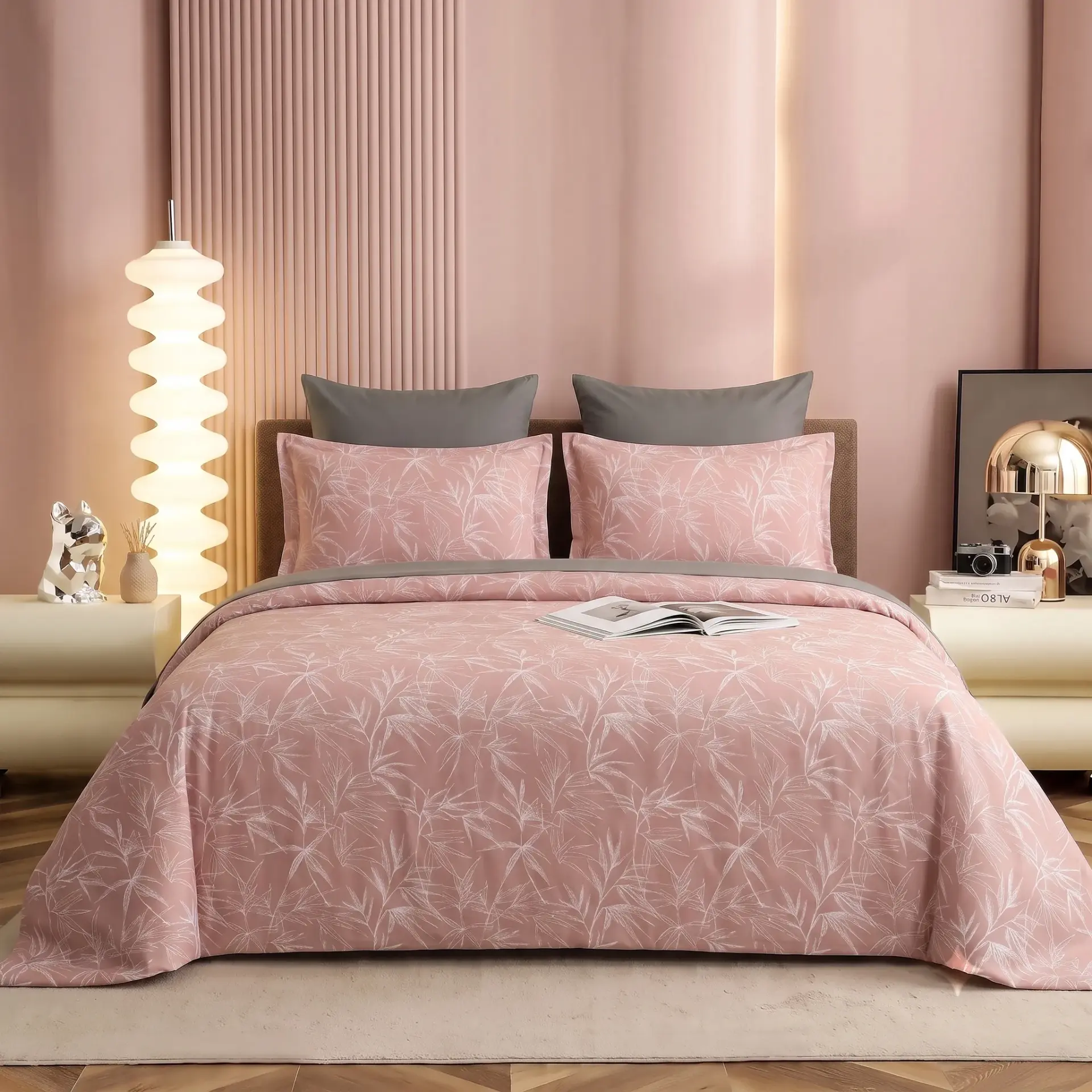 Nineeez 100% Cotton Feather Touch Queen Bedsheet Set | Botanical Leaf Pattern Luxury Bedding with 2 Matching Pillow Covers (224 x 254 cm, Pink)